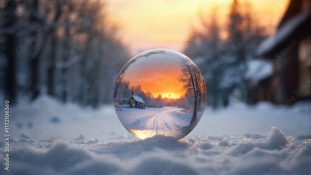 Christmas bauble on snow with winter landscape inside, sunset glow casting warm light, creating a peaceful and serene scene. Christmas bauble on snow with winter landscape inside, sunset glow casting warm light, creating a peaceful and serene scene.