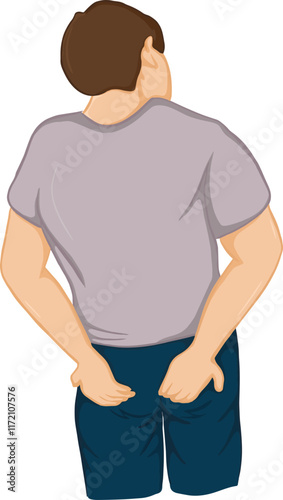 Cartoon drawing of a man with constipation, stomachache, hemorrhoids, stomachache, intestines, pain, health care medicine concept.vector illustration.