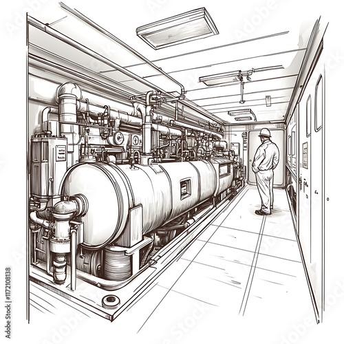 Hand-drawn illustration of a worker inspecting industrial machinery in a confined space. photo