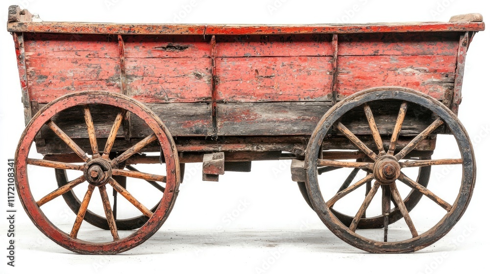 An old, rustic wooden cart with red paint and wooden wheels, used for transporting goods. An old, rustic wooden cart with red paint and wooden wheels, used for transporting goods.