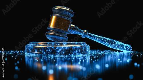 Justice in the Digital Age: A futuristic depiction of a gavel striking a digital soundboard, symbolizing the evolving landscape of law and technology. The intricate blue light patterns   photo