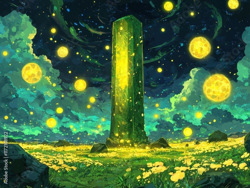 A serene valley bathed in the glow of radiant wildflowers under a swirling aurora. A glowing crystal monolith stands in the distance, surrounded by floating orbs of light and mystical energy. 