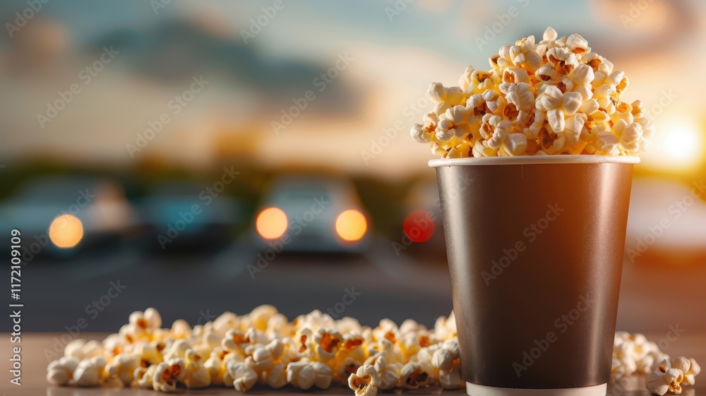 A cup of popcorn sits on a table, with scattered popcorn around, against a blurred background of cars and a sunset sky. A cup of popcorn sits on a table, with scattered popcorn around, against a blurred background of cars and a sunset sky.