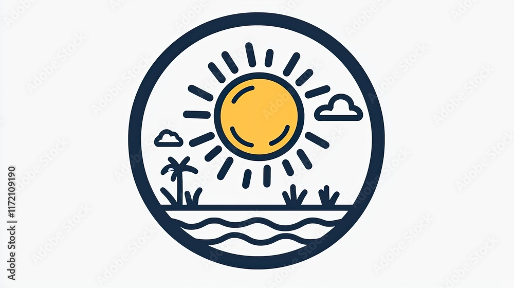 A circular graphic featuring a sun, clouds, and palm trees by the water, evoking a tropical vibe. A circular graphic featuring a sun, clouds, and palm trees by the water, evoking a tropical vibe.