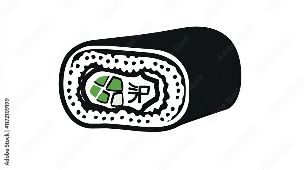 A stylized illustration of a sushi roll with green filling and white rice. A stylized illustration of a sushi roll with green filling and white rice.