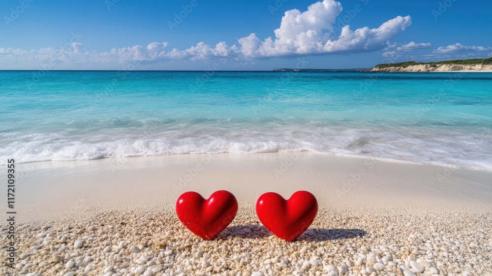 Two vibrant red hearts rest on a sandy beach, symbolizing love and connection amidst a serene coastal backdrop perfect for Valentine's Day. Two vibrant red hearts rest on a sandy beach, symbolizing love and connection amidst a serene coastal backdrop perfect for Valentine's Day.