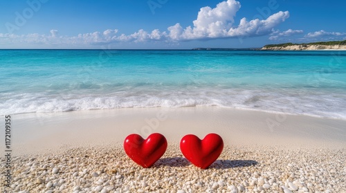 Two vibrant red hearts rest on a sandy beach, symbolizing love and connection amidst a serene coastal backdrop perfect for Valentine's Day.