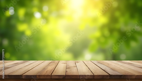 Wooden table in nature with a grassy background during a sunny day
