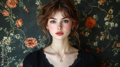 Portrait of a young woman with auburn hair and rosy cheeks, wearing a black top and gold necklace, against a floral backdrop.