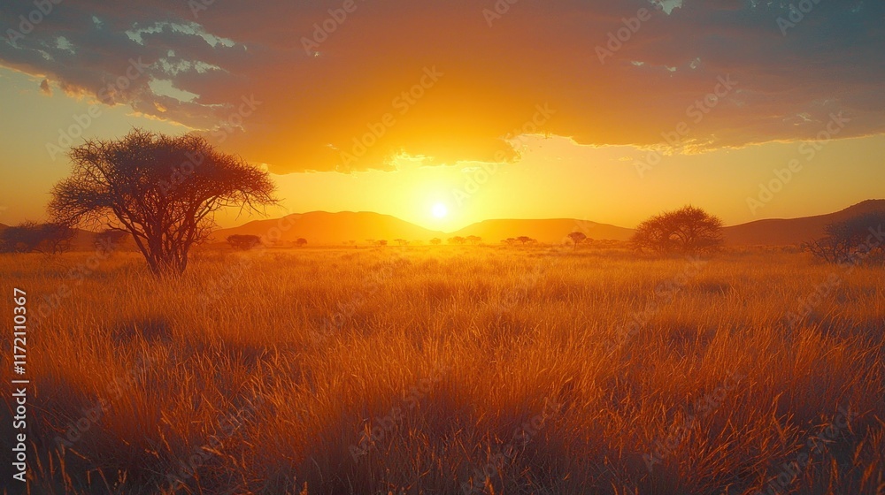 African savannah sunset with golden grasses, trees. African savannah sunset with golden grasses, trees.