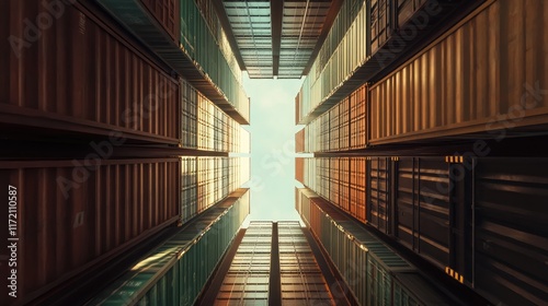High-angle shot of shipping lanes between container stacks  symmetrical lines creating visual depth