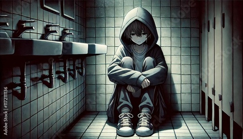 sad anime boy in a hoodie, sitting on the ground of a restroom; dark atmosphere