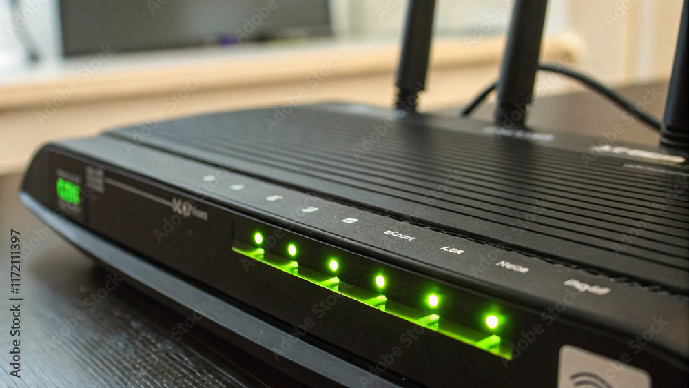 modern wireless router with multiple green indicator lights, showcasing connectivity and technology modern wireless router with multiple green indicator lights, showcasing connectivity and technology