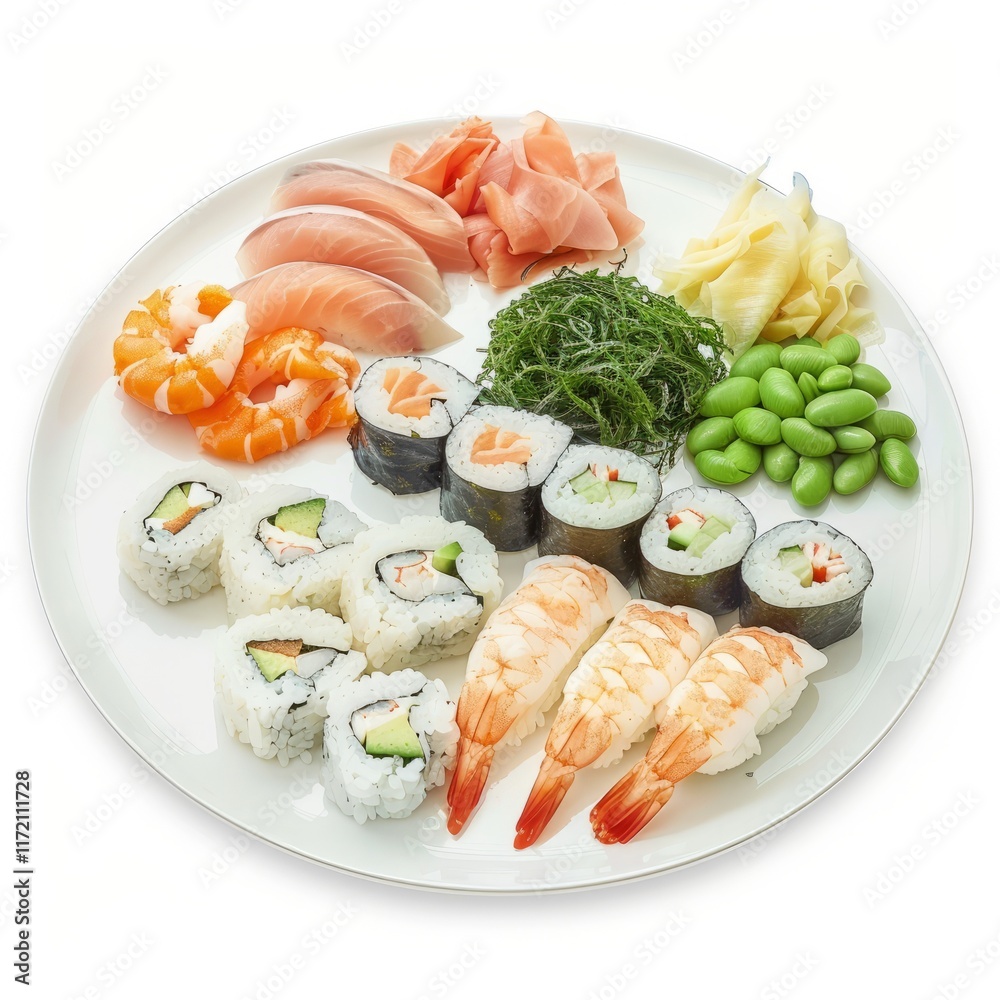 A plate of sushi with colorful ingredients, isolated in white, white background A plate of sushi with colorful ingredients, isolated in white, white background
