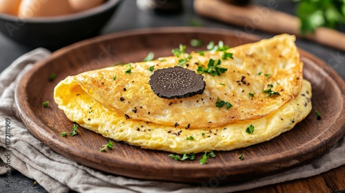 Omelet with truffles, dish with truffles, luxury menu, Fete de la Truffe, Truffles Festival photo