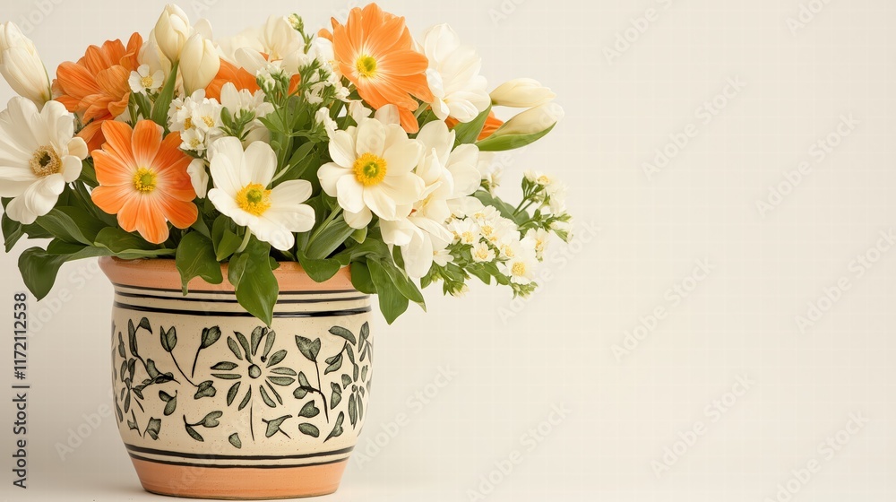 Vibrant Orange and White Flower Arrangement in Decorative Pot Vibrant Orange and White Flower Arrangement in Decorative Pot
