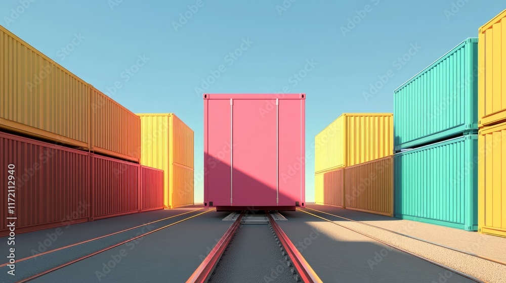 Fototapeta premium intermodal container flat design front view supply chain theme 3D render Split-complementary color scheme