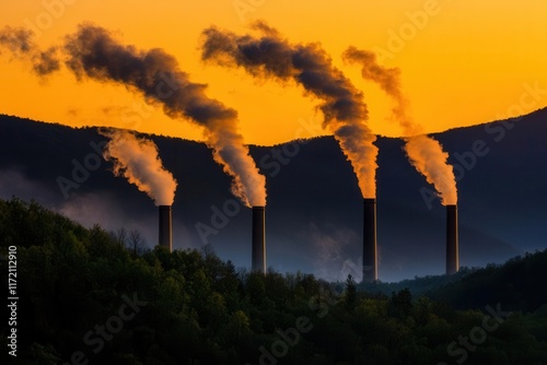 Industrial emissions contributing to air pollution mountainous region landscape dusk environmental impact photo