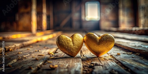 Abandoned building's faded grandeur; two golden hearts stand out, background blurred. photo