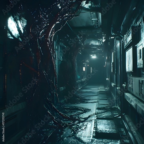 A dark, eerie corridor with organic growths, suggesting a sci-fi or horror theme.