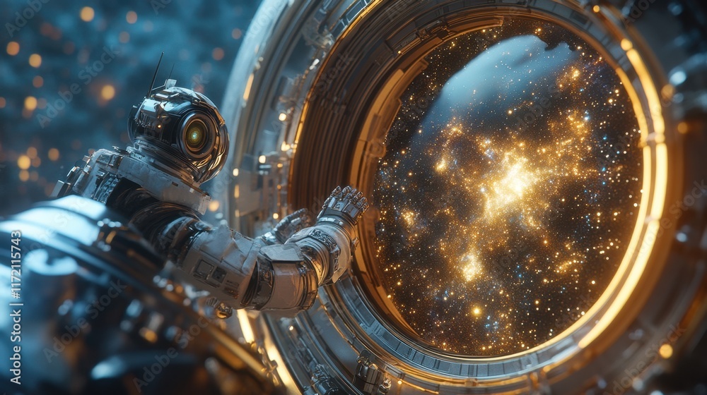 Fototapeta premium Astronaut Gazing at Stunning Cosmic View Through a Space Portal