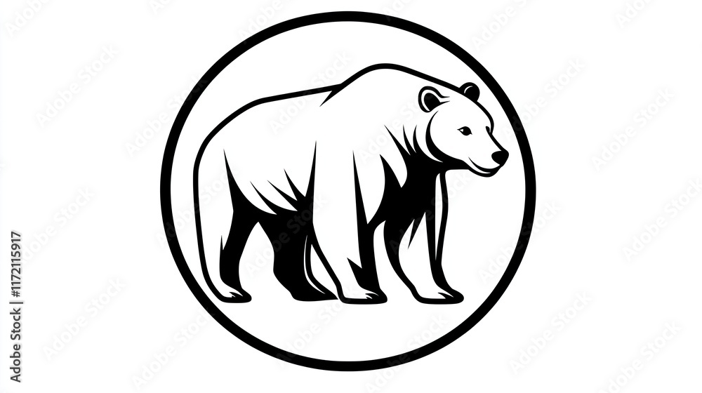 Obraz premium A stylized black and white illustration of a bear within a circular border.