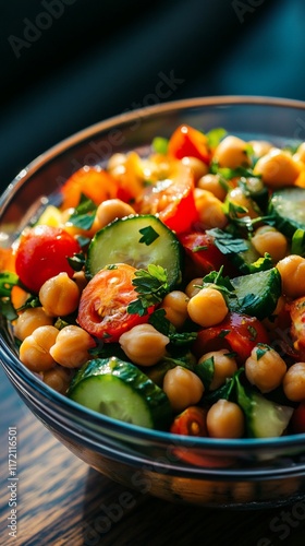 Colorful chickpea salad in glass bowl on wooden table photo