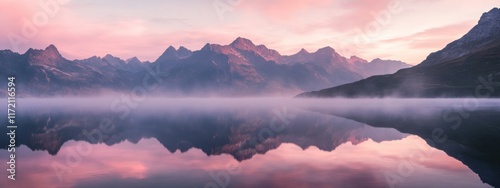 A stunning view of a majestic mountain range reflected in a crystal-clear alpine lake at dawn, with a soft mist rising from the water, Alpine dawn scene photo