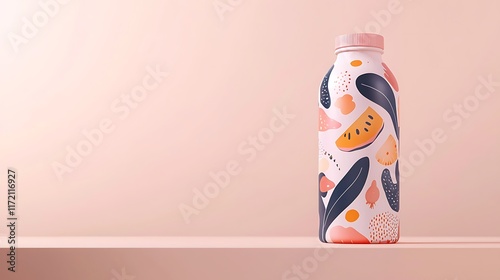 Pink fruit-patterned bottle mock-up on shelf. photo