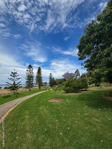 Scenic Park Landscape in Phillip Island, Australia with Lush Greenery, Pathway, and Blue Sky with Clouds - Nature and Outdoor Photography