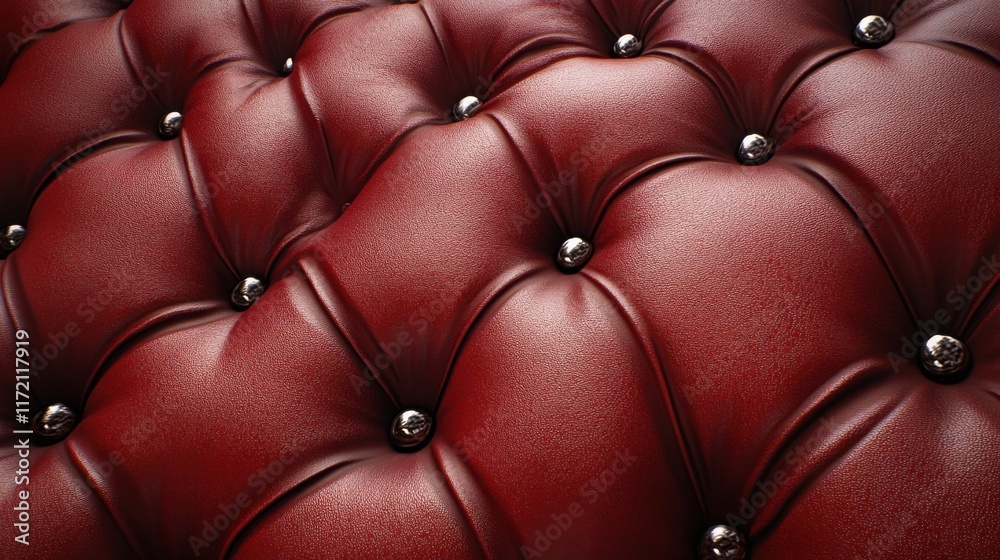 Obraz premium Luxurious deep red leather upholstery with button tufting and metallic studs, showcasing intricate texture and patterns for stylish interior decor and design aesthetics