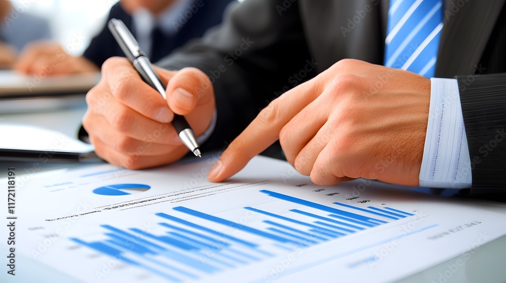 Fototapeta premium Close-up of businessman's hands reviewing financial charts and graphs. He's using a pen to point at key data, indicating analysis and decision-making.