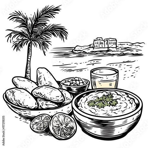 Hand-drawn illustration of hummus, pita bread, chickpeas, and lemon slices with a coastal backdrop featuring palm trees and buildings. photo