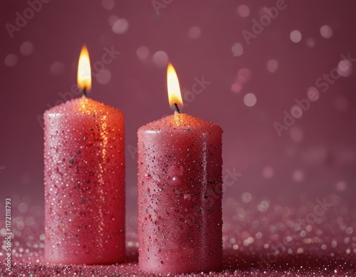 pink sparkly candles in glitter on pink background for valentines day photo