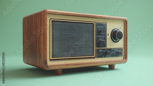 Vintage wooden radio with beige and dark brown tones, featuring knobs and speaker grill, on mint green background.