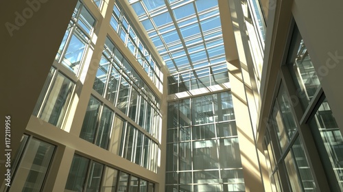 Modern atrium with glass skylight and minimalist design.