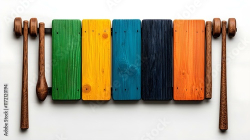 Colorful Wooden Tiles and Mallets on a White Background
