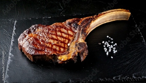 Grilled Tomahawk steak on the bone with salt, butter and pepper. Prime Black Angus beef steak on a black slate background
