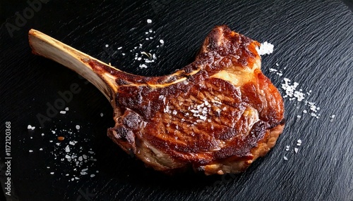 Grilled Tomahawk steak on the bone with salt, butter and pepper. Prime Black Angus beef steak on a black slate background