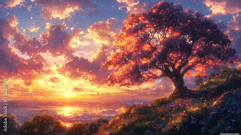 Magical Sunset Landscape: Enchanting Tree at Golden Hour Magical Sunset Landscape: Enchanting Tree at Golden Hour