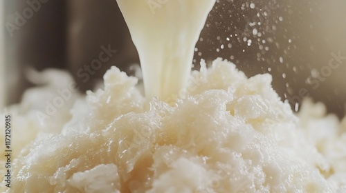 Creamy liquid pouring onto fluffy rice photo