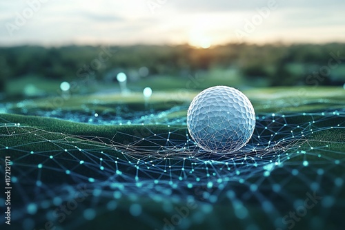 Golf ball on futuristic golf course at sunset.