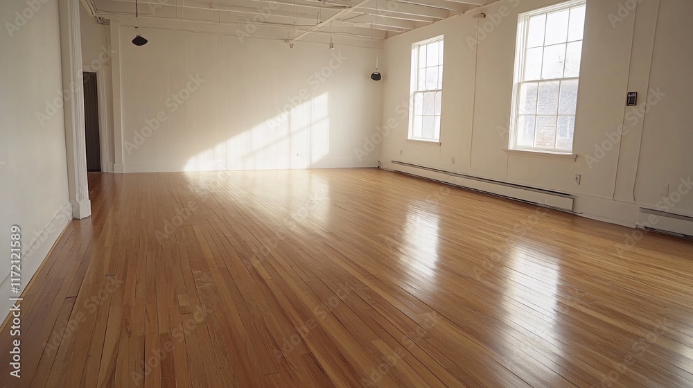 Interior of an empty room with large windows and a wooden floor. Interior of an empty room with large windows and a wooden floor.