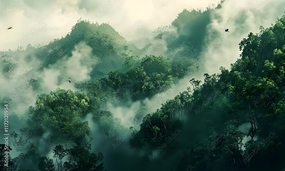 A misty mountainous landscape with lush greenery and clouds, creating a serene and tranquil atmosphere. Birds can be seen flying in the distance, enhancing the natural beauty. A misty mountainous landscape with lush greenery and clouds, creating a serene and tranquil atmosphere. Birds can be seen flying in the distance, enhancing the natural beauty.