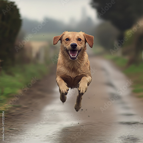 Mixed Breed Dog Running Full Out Facing the Camera on a Country Road - Happy Paws in Midair photo