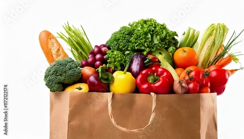 Healthy food background. Healthy food in paper bag vegetables and fruits on white. Food delivery, shopping food supermarket concept