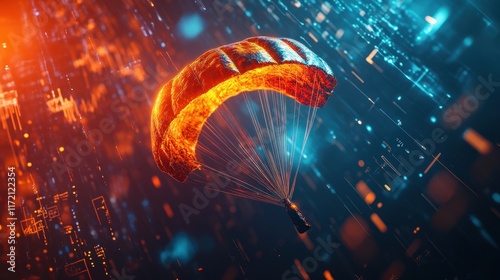Dynamic parachuting action amidst futuristic city lights digital landscape vibrant environment