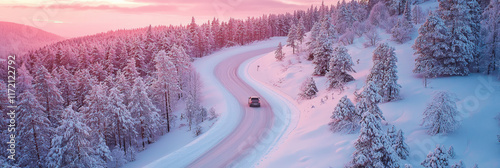 Realistic shot of an aerial view showcasing the winding road through snow-covered forests in Finland at sunset, generative AI