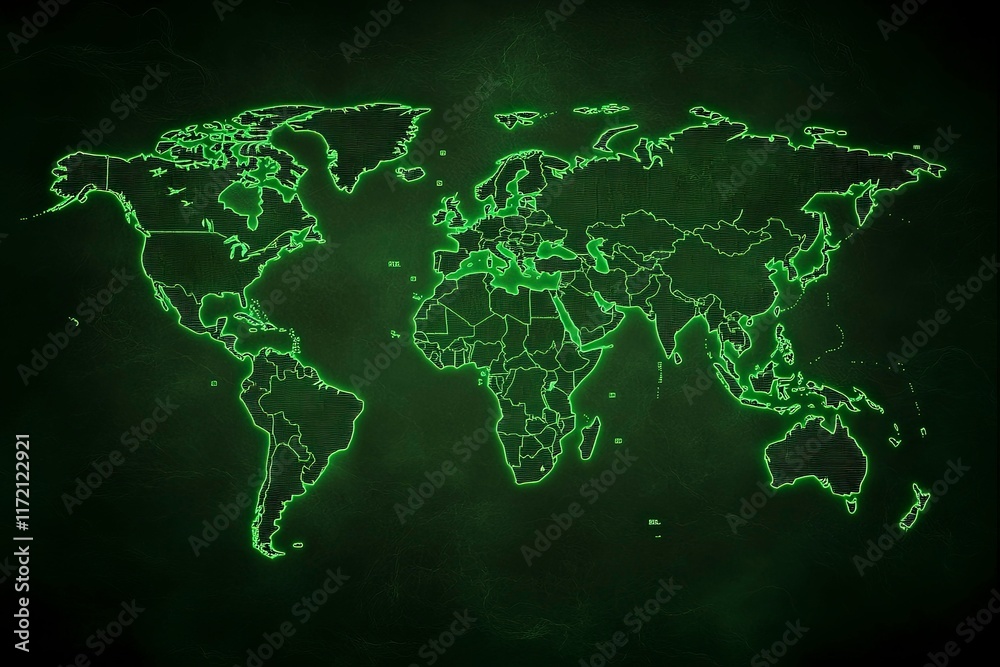 Naklejka premium Green World Map on Dark Background