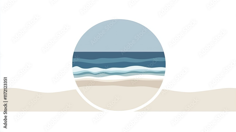 A minimalist illustration of a beach scene with waves and a circular frame. A minimalist illustration of a beach scene with waves and a circular frame.